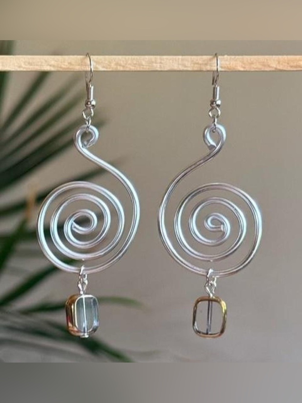 Silver Spiral Dangle Earrings w/ Clear Bead